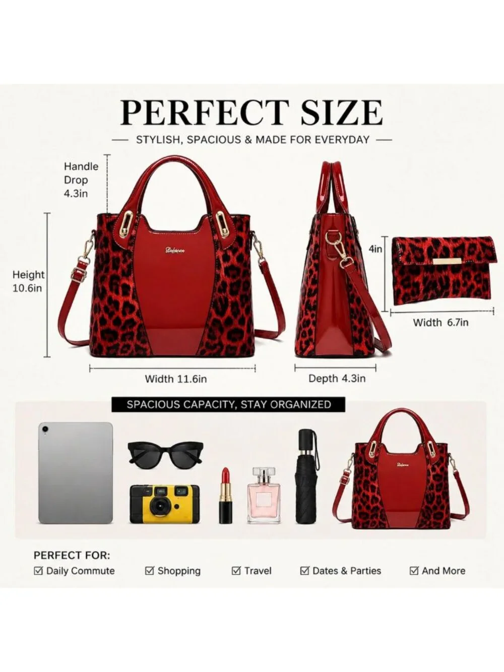 Glossy Leopard Print Tote & Purse Set for Women | Stylish Leather Handbags